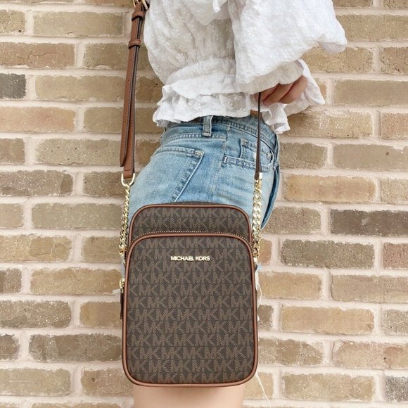 Michael Kors Flight Bag Jet Set Chain North South Crossbody Brown MK Signature - Picture 4 of 4